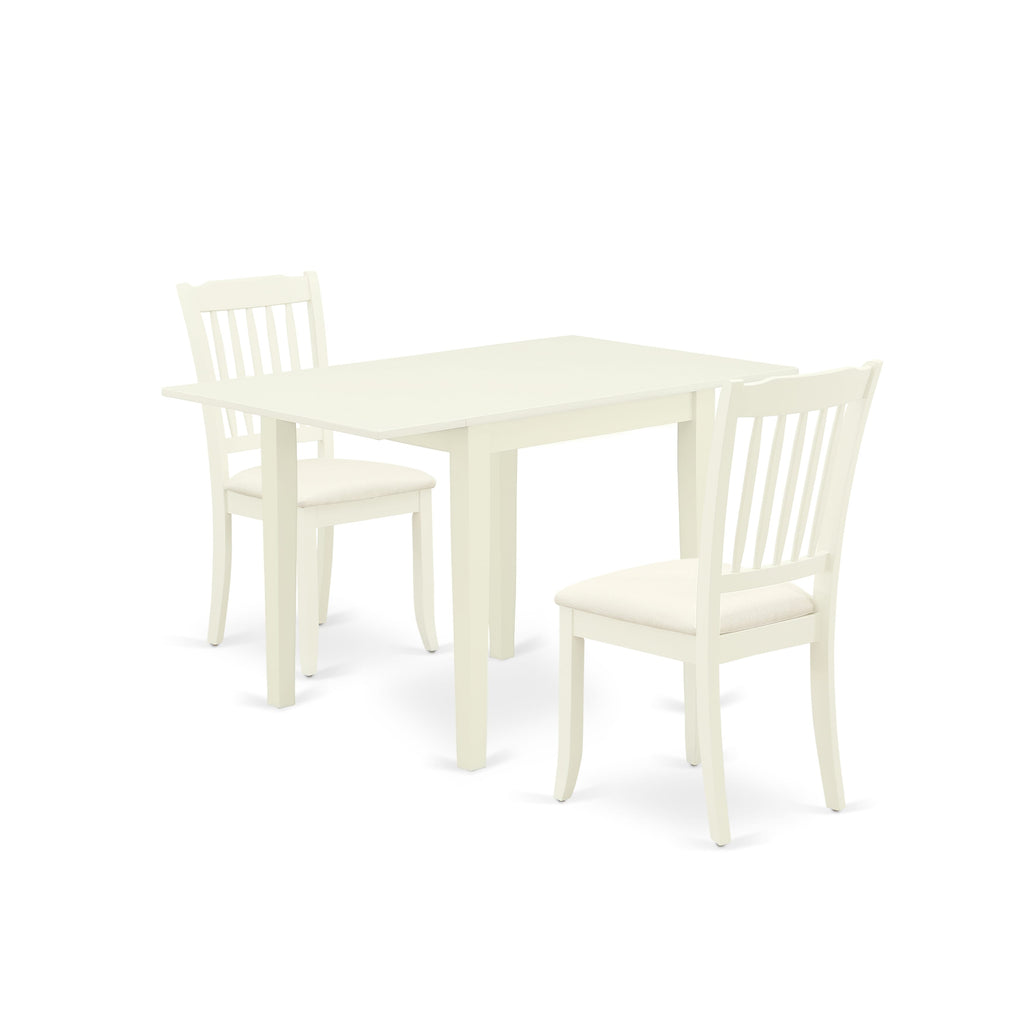 NDDA3-A3X-A Charming 3-Piece Dining Ensemble for Compact Areas with Elegant Dropleaf Table and 2 Fabric Chairs, 30x48 in Soft White