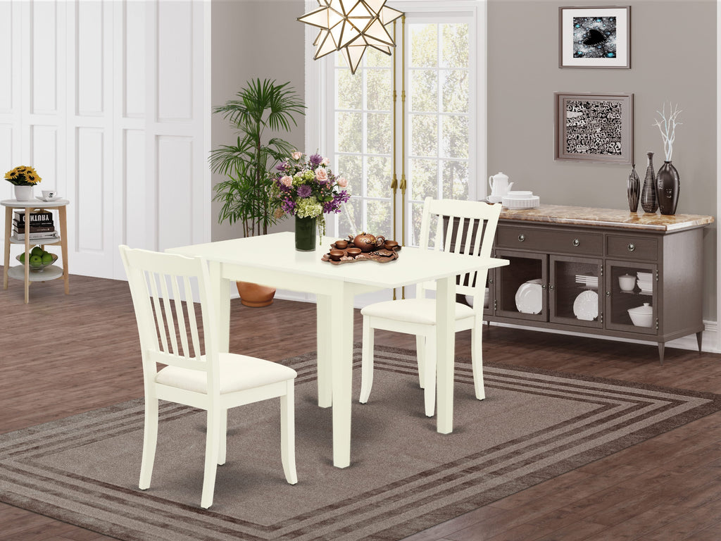 NDDA3-A3X-A Charming 3-Piece Dining Ensemble for Compact Areas with Elegant Dropleaf Table and 2 Fabric Chairs, 30x48 in Soft White