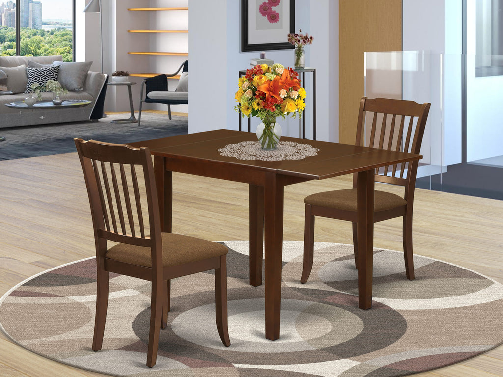 NDDA3-2W4-Y Mahogany Dining Set Rectangle Table with Dropleaf and Upholstered Chairs, 3 Piece Bundle, 30x48 Inch