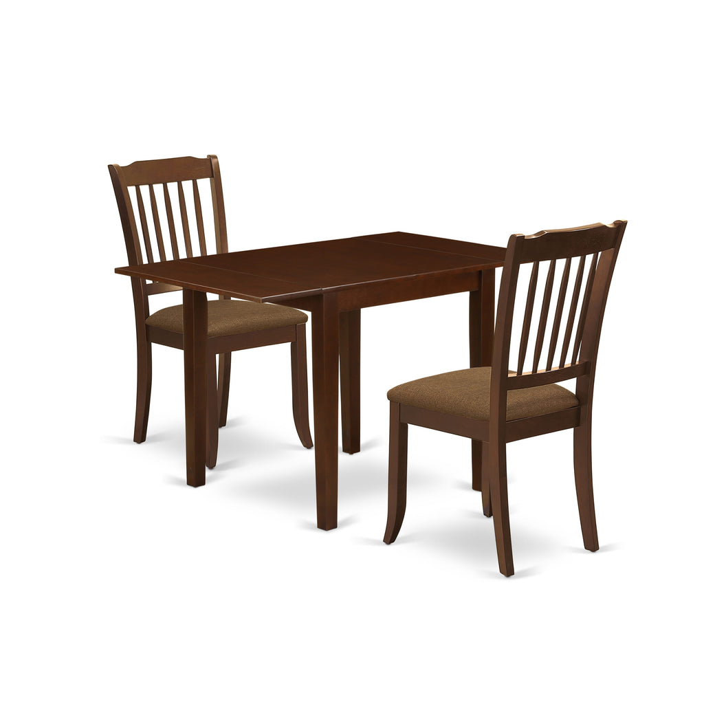 NDDA3-2W4-Y Mahogany Dining Set Rectangle Table with Dropleaf and Upholstered Chairs, 3 Piece Bundle, 30x48 Inch