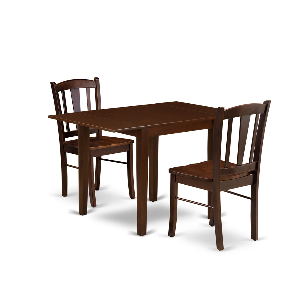 NDDL3-U8B-2, Dining Set Rectangle Table and Two Chairs, 3 Piece Mahogany with Dropleaf 30x48