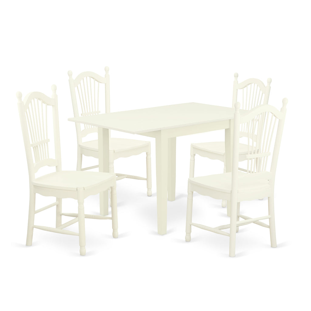 NDDO5-EJ4-T 5-Part Set with Rectangular Dropleaf Dining Table and 4 Wooden Chairs, Linen White Finish