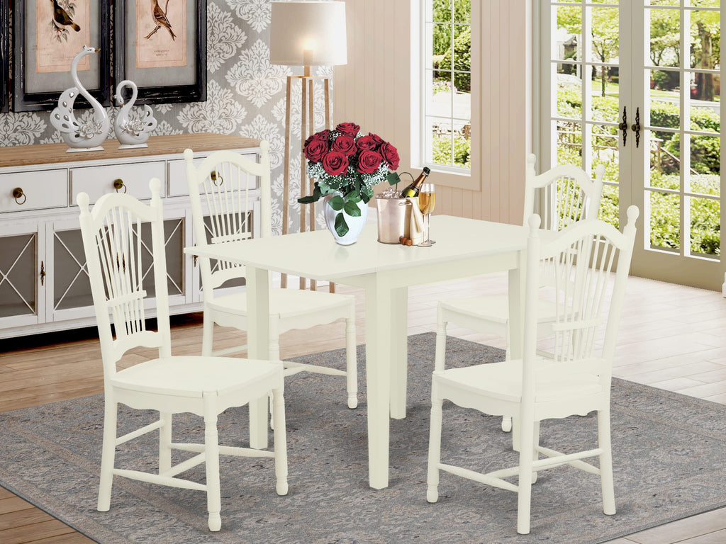 NDDO5-EJ4-T 5-Part Set with Rectangular Dropleaf Dining Table and 4 Wooden Chairs, Linen White Finish