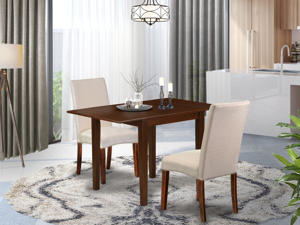 NDDR3-31J-4D 3-Piece Mahogany Dining Set Drop Leaf Table & Cream Linen Chairs