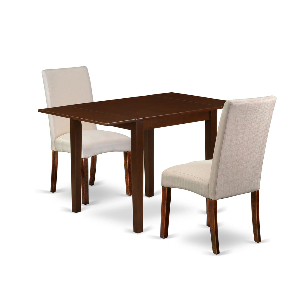 NDDR3-31J-4D 3-Piece Mahogany Dining Set Drop Leaf Table & Cream Linen Chairs
