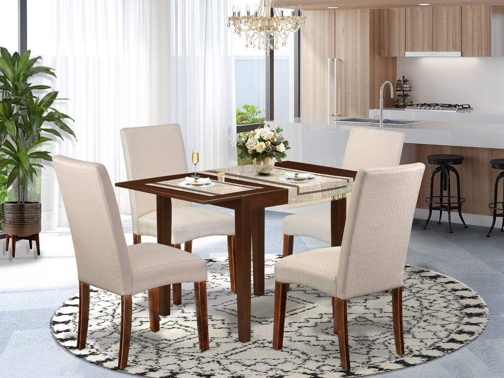 NDDR5-NSV-ZO Classic 5 Piece Dining Ensemble Dropleaf Table and Cream Chairs Set, Mahogany Flair