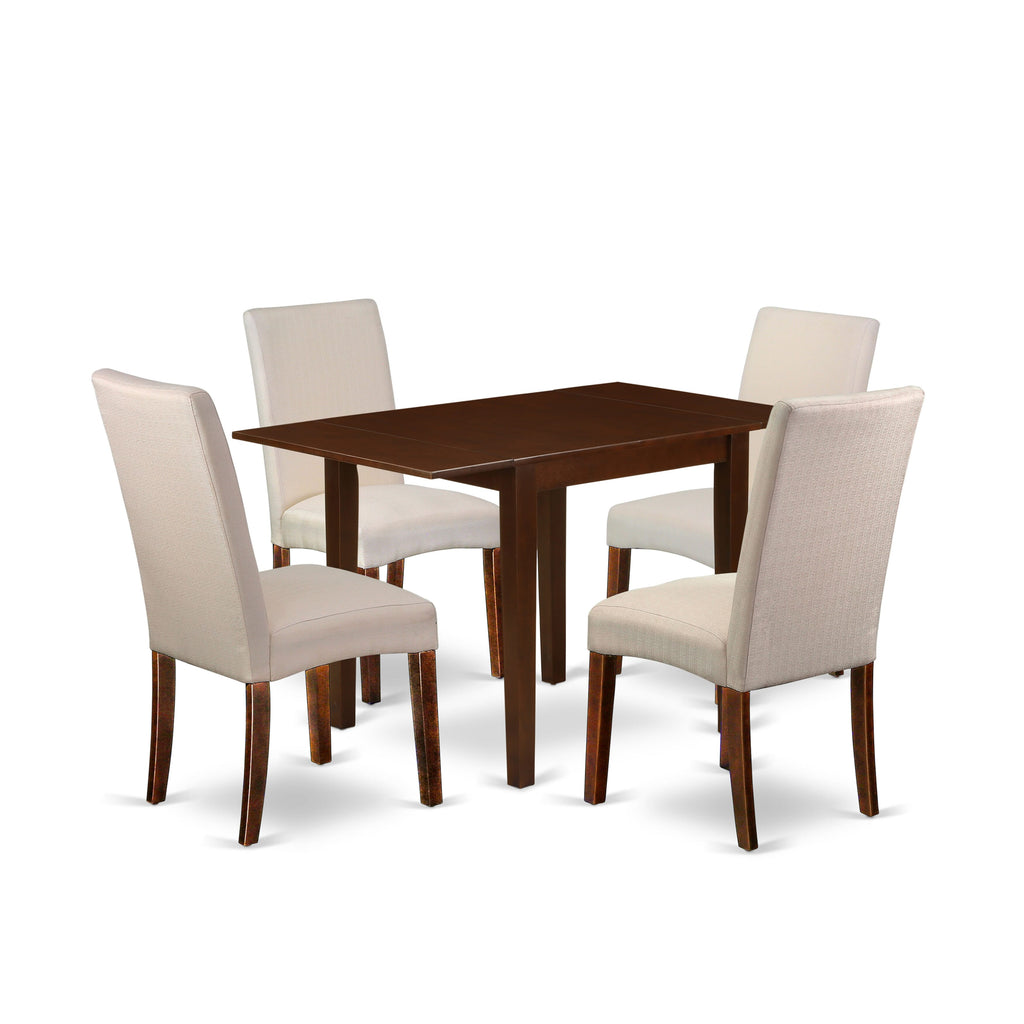 NDDR5-NSV-ZO Classic 5 Piece Dining Ensemble Dropleaf Table and Cream Chairs Set, Mahogany Flair