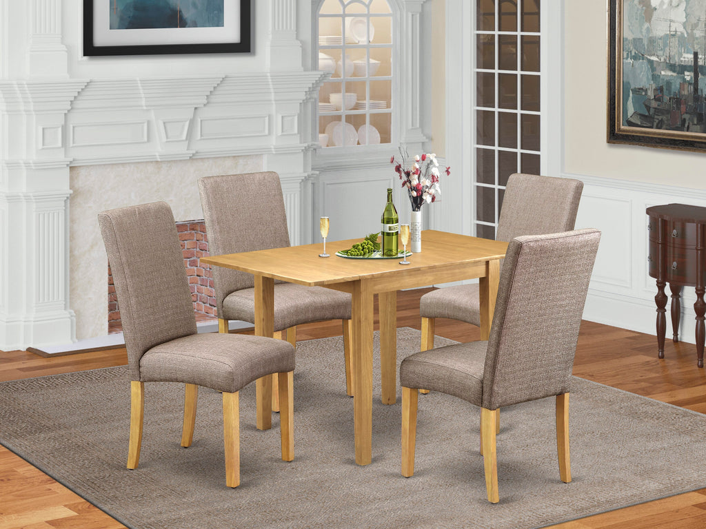 NDDR5-6LU-NC 5-Piece Oak Dining Ensemble with Drop Leaf Table and Linen Parson Chairs Seats Four Comfortably