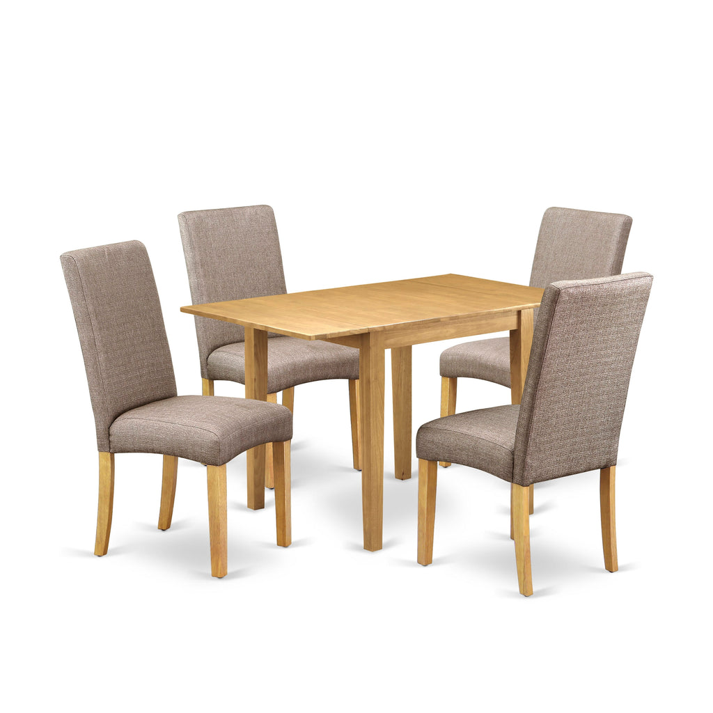 NDDR5-6LU-NC 5-Piece Oak Dining Ensemble with Drop Leaf Table and Linen Parson Chairs Seats Four Comfortably