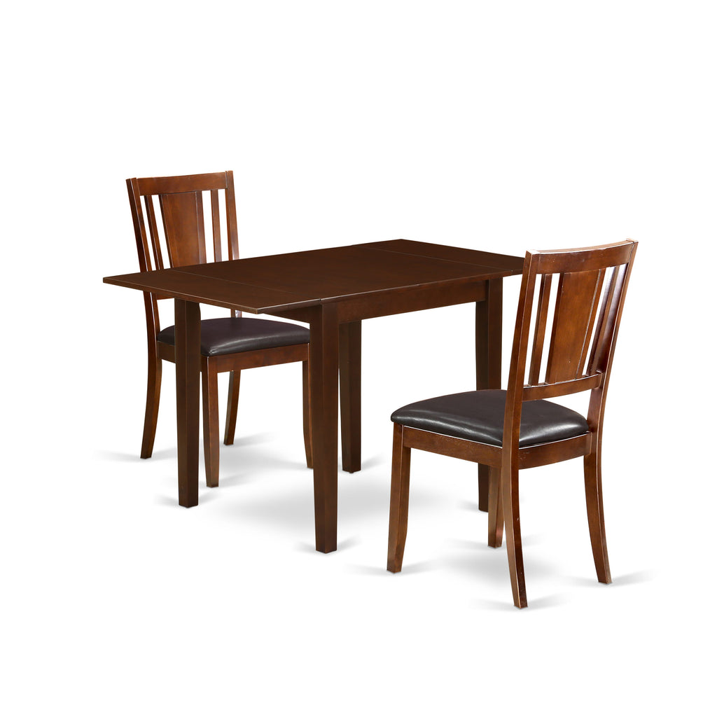 NDDU3-I8V-BO Compact Dining Ensemble Mahogany Drop Leaf Table & Two Faux Leather Chairs for Cozy Spaces