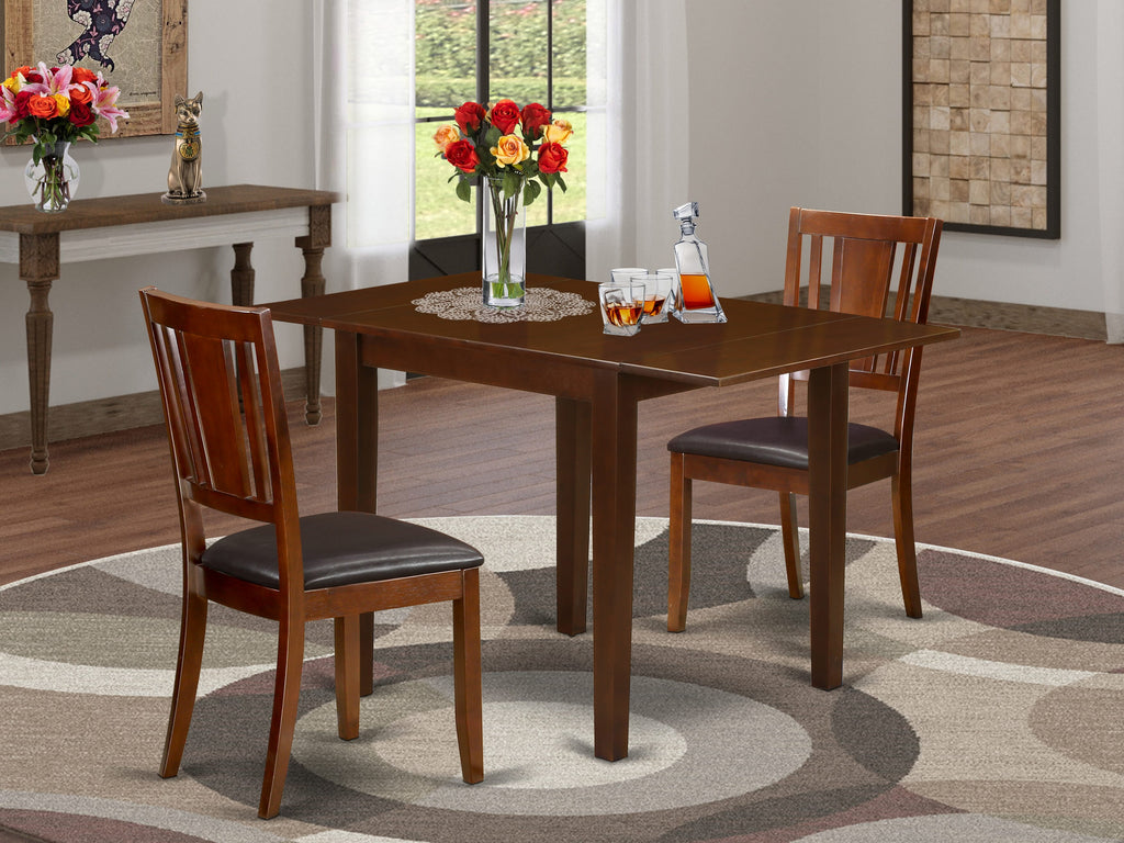 NDDU3-I8V-BO Compact Dining Ensemble Mahogany Drop Leaf Table & Two Faux Leather Chairs for Cozy Spaces