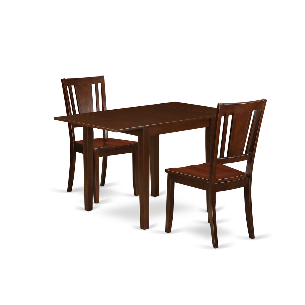 NDDU3-USX-A 3-Piece Rectangle Dropleaf Table and Chairs Set, 30x48, Mahogany Finish