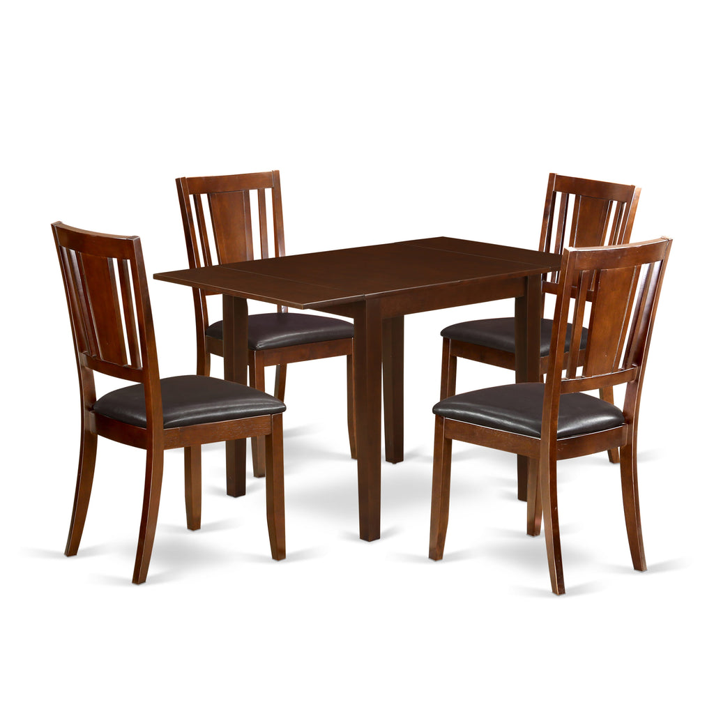 Complete Home Dining Experience Set, NDDU5-I7H-NX Extendable Table & 4 Faux Leather Chairs, Mahogany Grandeur