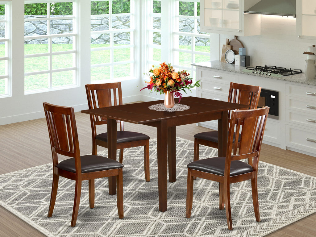 Complete Home Dining Experience Set, NDDU5-I7H-NX Extendable Table & 4 Faux Leather Chairs, Mahogany Grandeur