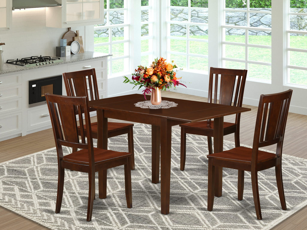 NDDU5-C81-D 5-Piece Dining Ensemble - Rectangular Table with Dropleaf and 4 Wooden Chairs, 30x48 Inch for Cozy Mealtimes