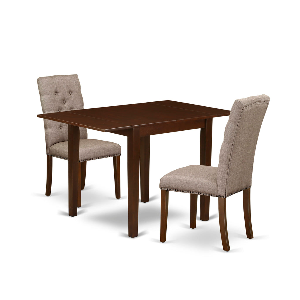 NDEL3-V4G-D6 3-Piece Dining Set with Rectangular Dropleaf Table & 2 Khaki Upholstered Parsons Chairs, 30x48 Mahogany