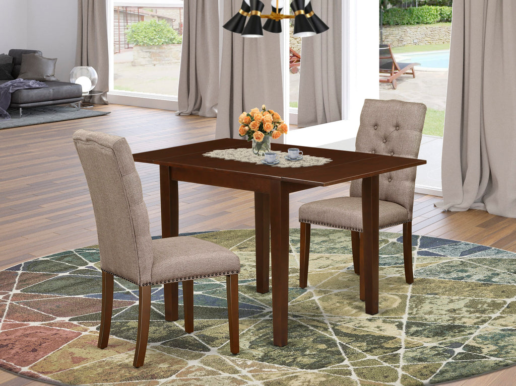 NDEL3-V4G-D6 3-Piece Dining Set with Rectangular Dropleaf Table & 2 Khaki Upholstered Parsons Chairs, 30x48 Mahogany