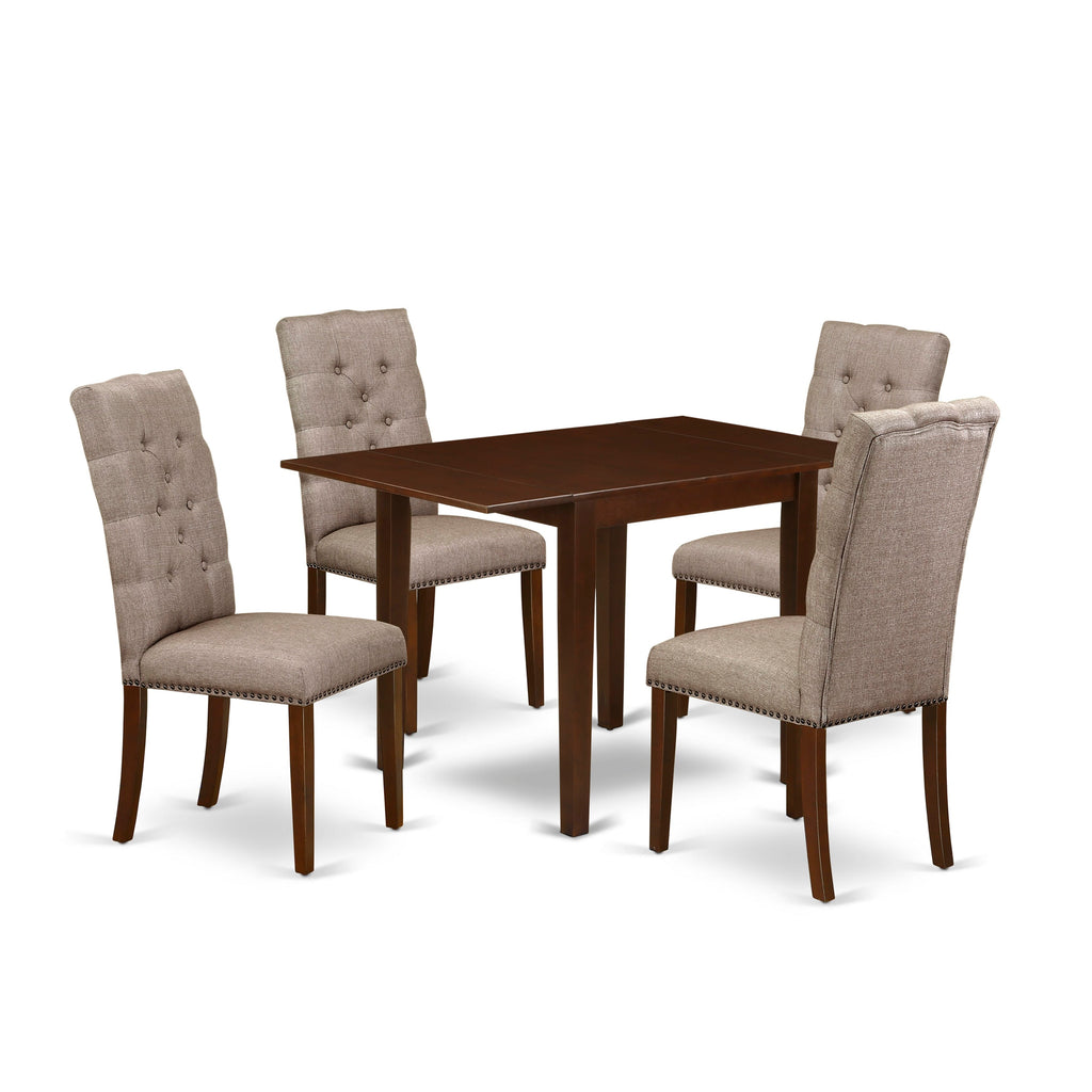 NDEL5-RQA-J0 Dining Ensemble Rectangular Table & Dropleaf with 4 Khaki Chairs, Mahogany Delight