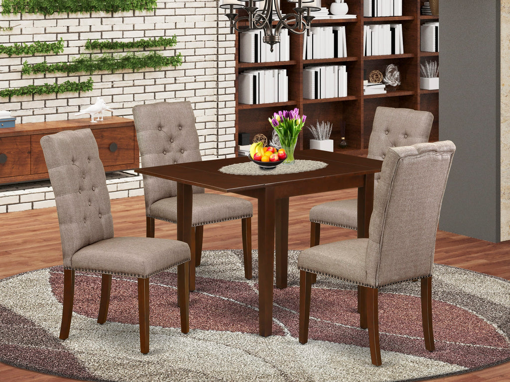 NDEL5-RQA-J0 Dining Ensemble Rectangular Table & Dropleaf with 4 Khaki Chairs, Mahogany Delight