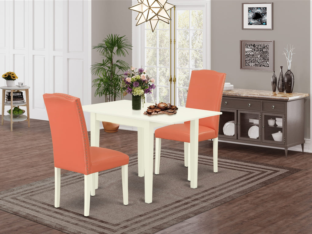 NDEN3-EAZ-2P Compact 3 Piece Dining Ensemble with Folding Table & 2 Pink Parson Seats, Linen White