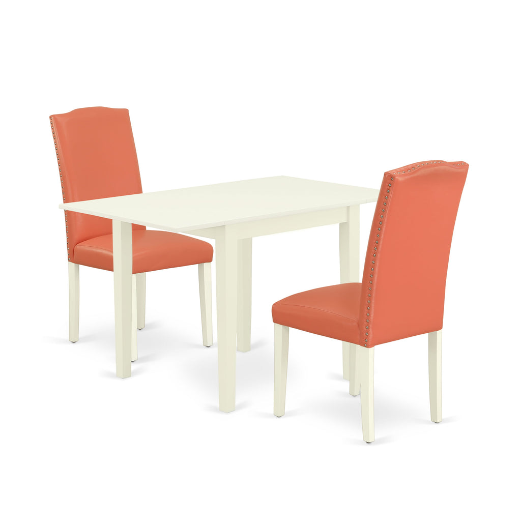 NDEN3-EAZ-2P Compact 3 Piece Dining Ensemble with Folding Table & 2 Pink Parson Seats, Linen White
