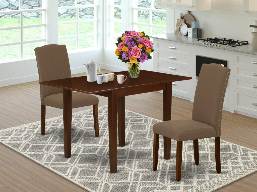 NDEN3-L8J-6H 3-Piece Mahogany Dining Ensemble with Dropleaf Table and Upholstered Dark Coffee Chairs 30x48 Inch