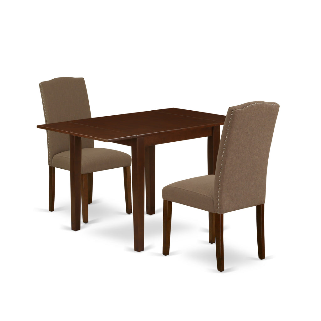 NDEN3-L8J-6H 3-Piece Mahogany Dining Ensemble with Dropleaf Table and Upholstered Dark Coffee Chairs 30x48 Inch