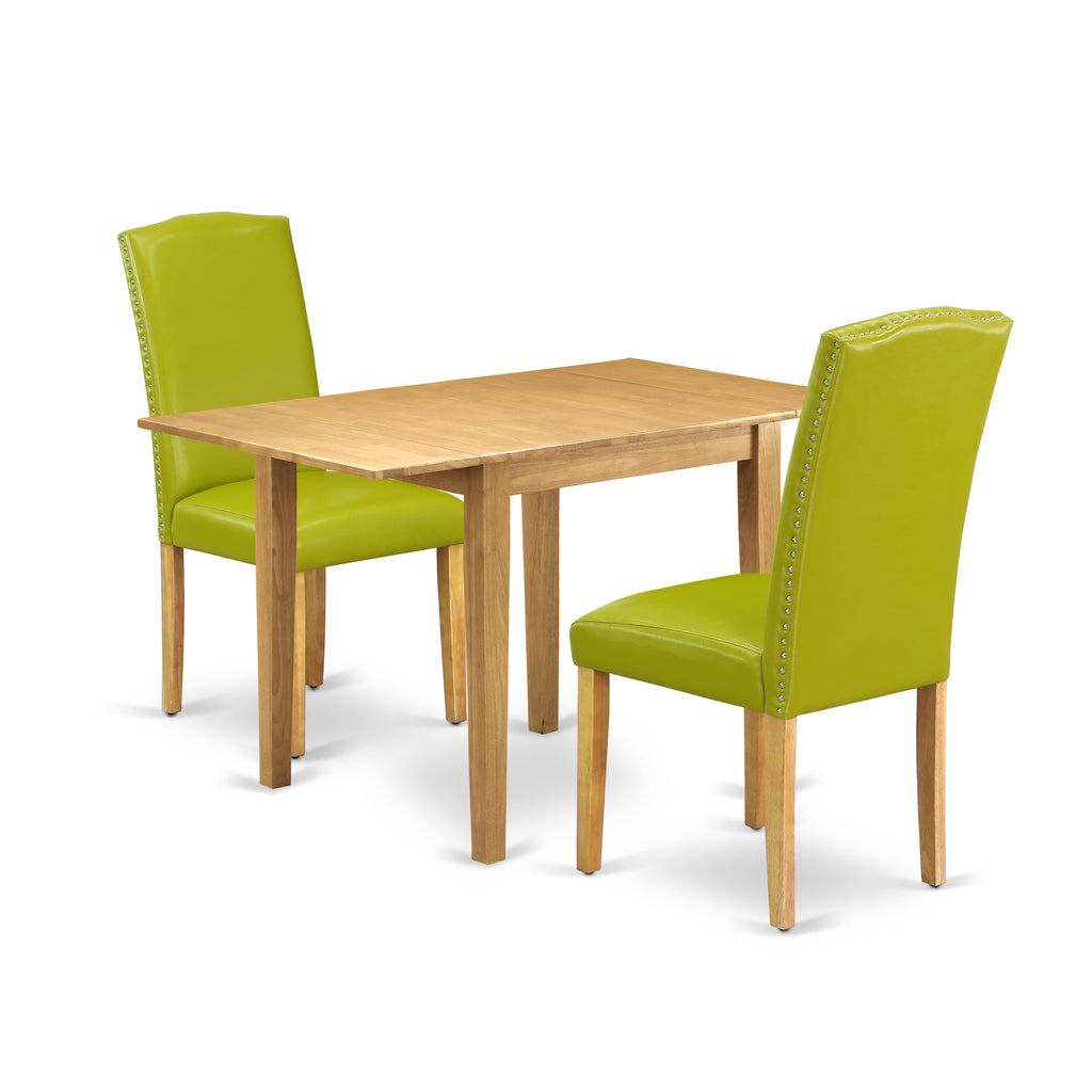 NDEN3-9A7-JE 3-Piece Set with Drop-Leaf Oak Table & 2 Autumn Green Leatherette Chairs for Dining Area