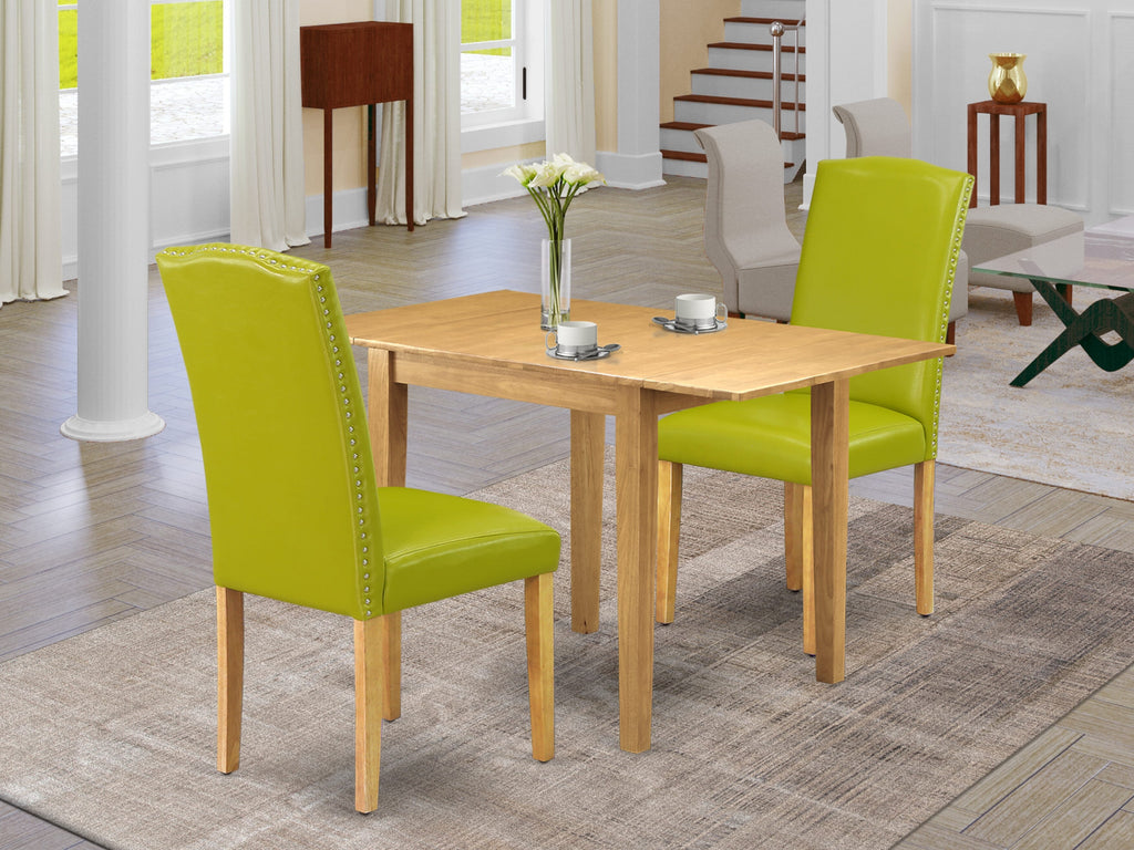 NDEN3-9A7-JE 3-Piece Set with Drop-Leaf Oak Table & 2 Autumn Green Leatherette Chairs for Dining Area