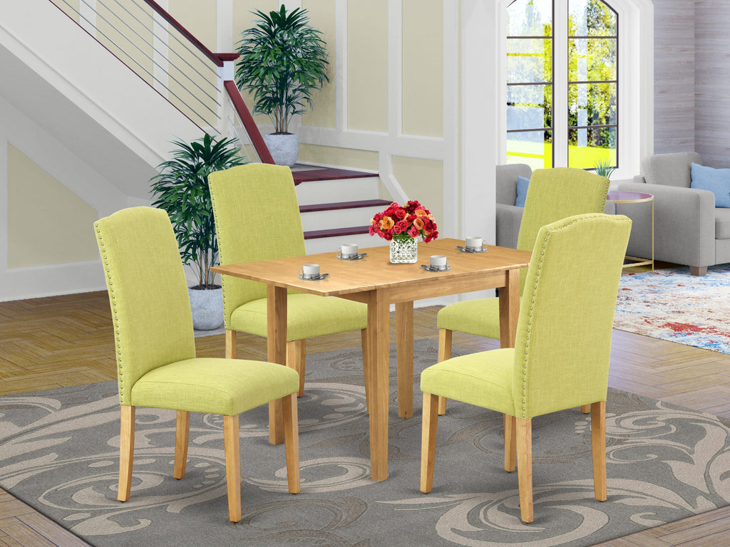 NDEN5-AF9-FD 5-Piece Dining Set with Dropleaf Table & 4 Linen Fabric Chairs, Oak Finish