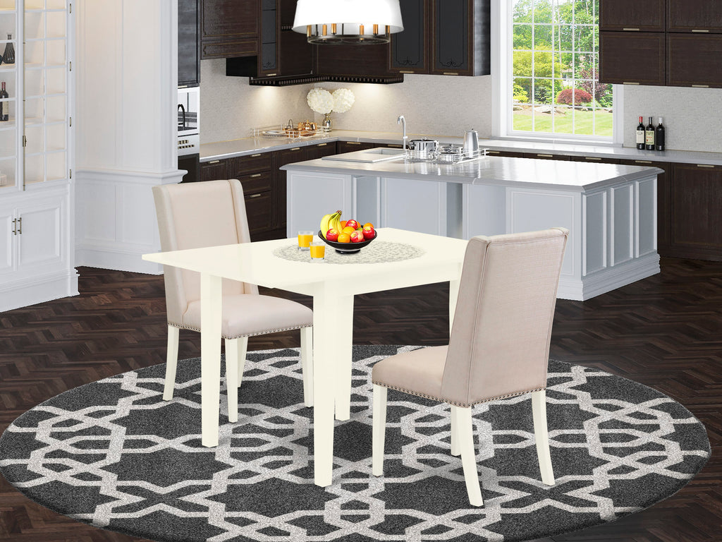 NDFL3-HJH-I2 3-Piece Dining Set with Dropleaf Table & Linen Parsons Chairs, White