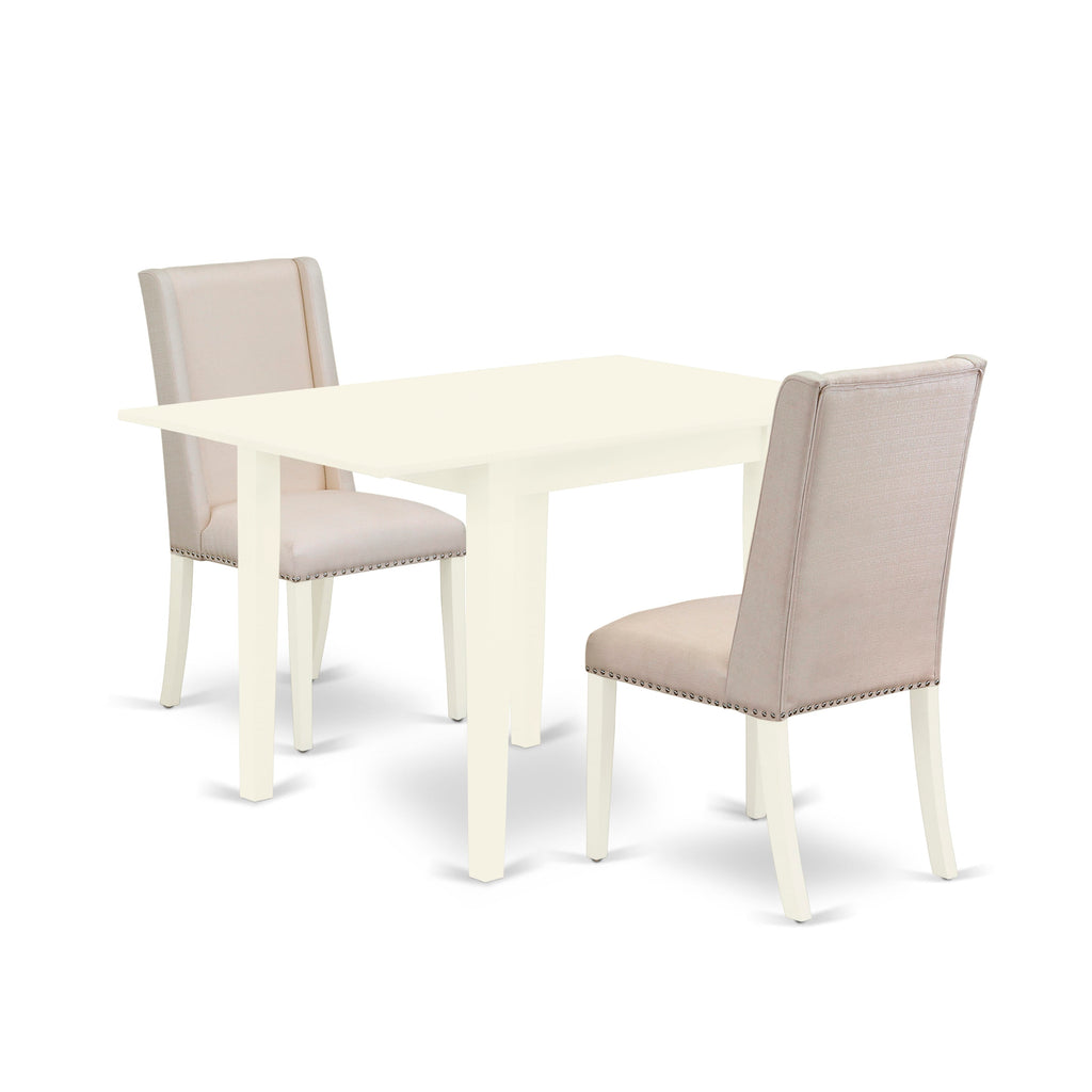 NDFL3-HJH-I2 3-Piece Dining Set with Dropleaf Table & Linen Parsons Chairs, White