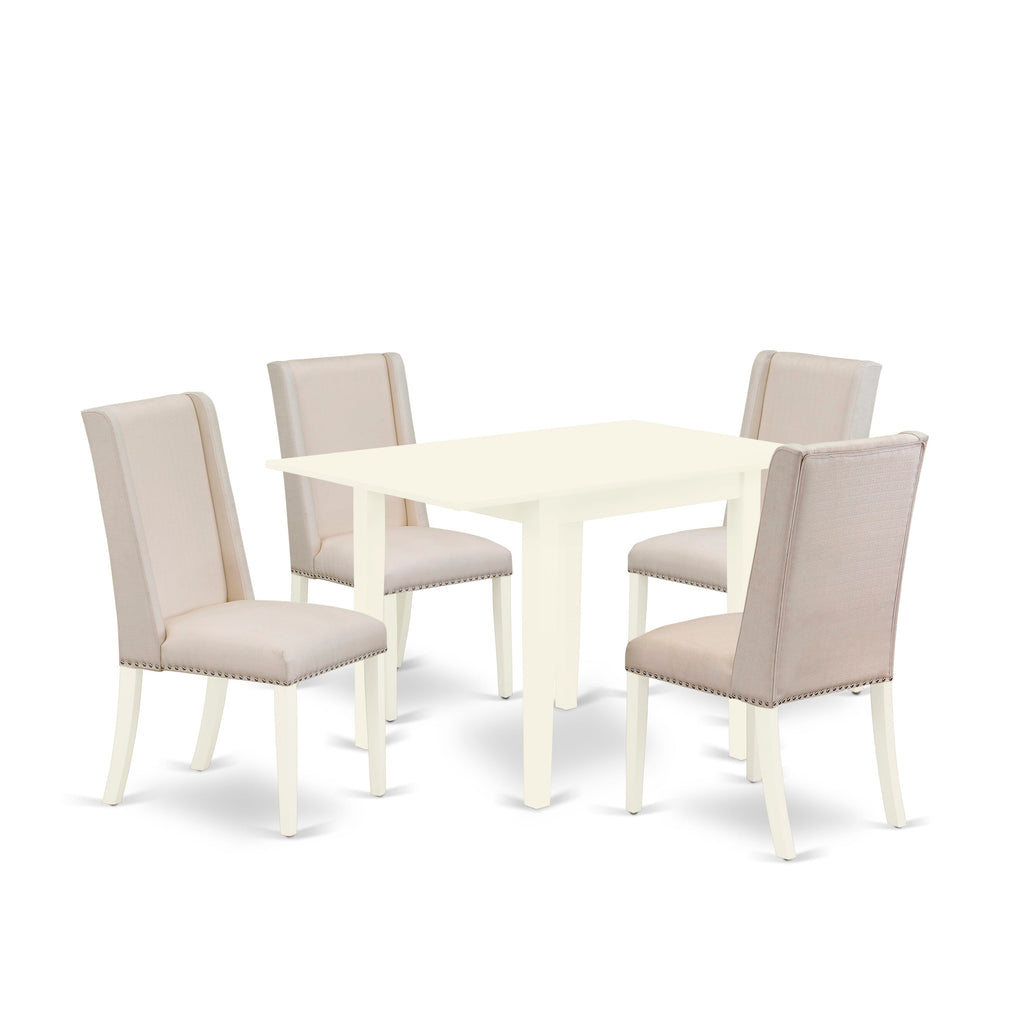 NDFL5-29X-K4 5-Piece Dining Ensemble with Dropleaf Table, Cream Linen Chairs for Four, Linen White Tone