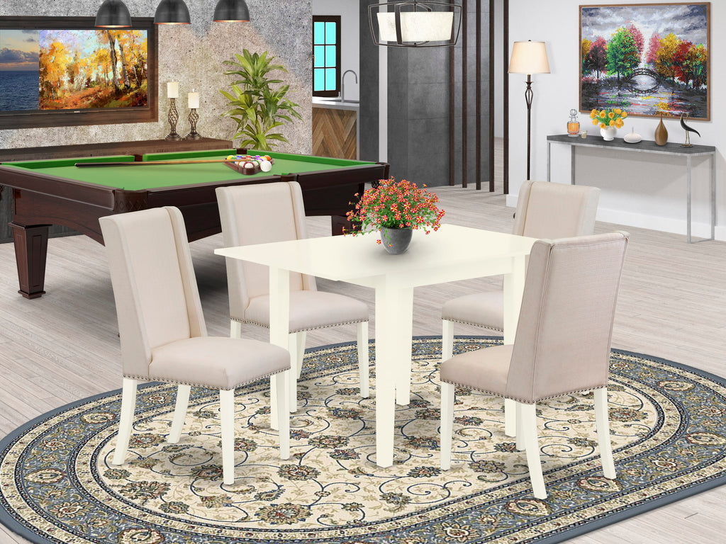 NDFL5-29X-K4 5-Piece Dining Ensemble with Dropleaf Table, Cream Linen Chairs for Four, Linen White Tone