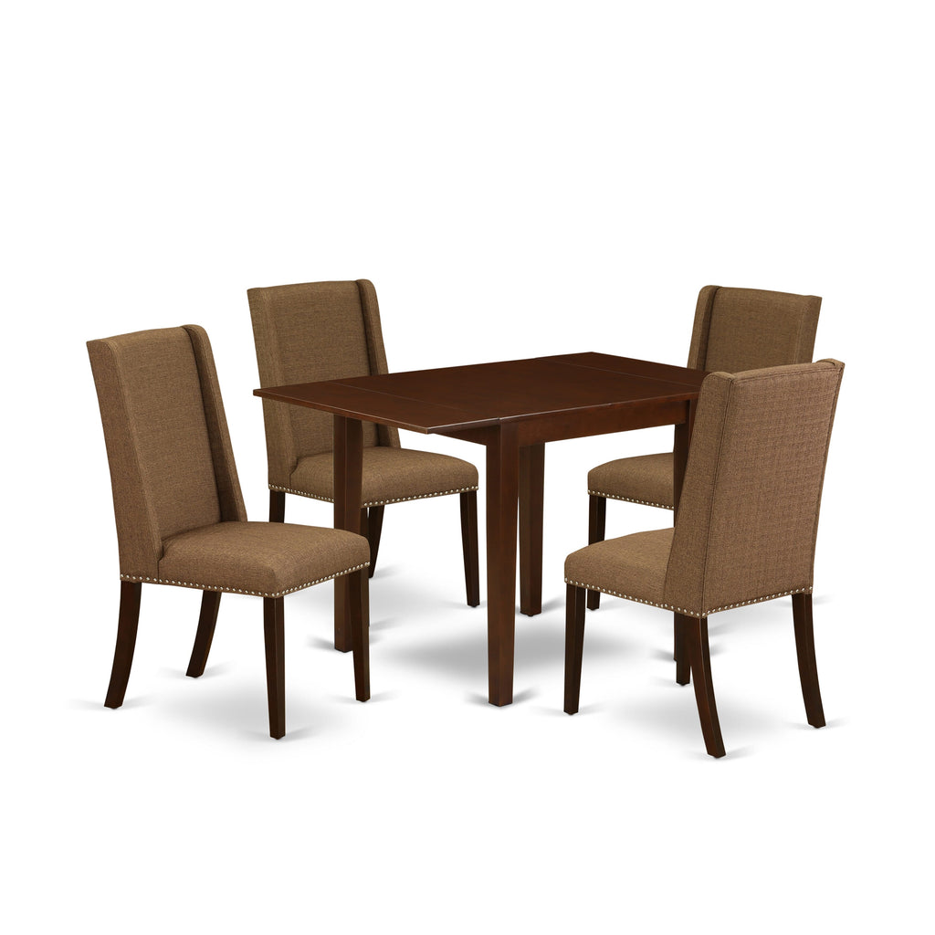 NDFL5-R5T-PV Deluxe 5 Seat Dining Room Set with Rectangle Dropleaf Table & 4 Upholstered Chairs, Mahogany Finish, 30x48