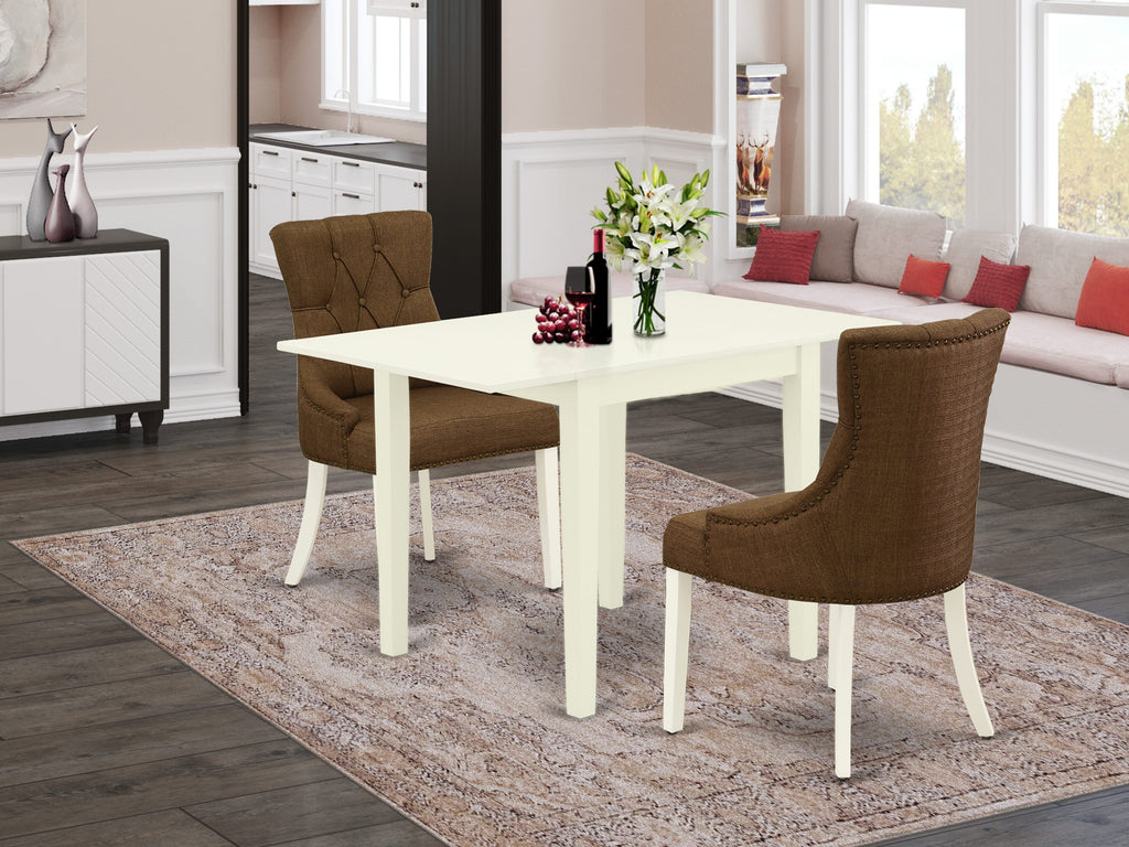 NDFR3-SHA-WH 3-Piece White Linen Dining Set with Drop Leaf Table & Upholstered Chairs