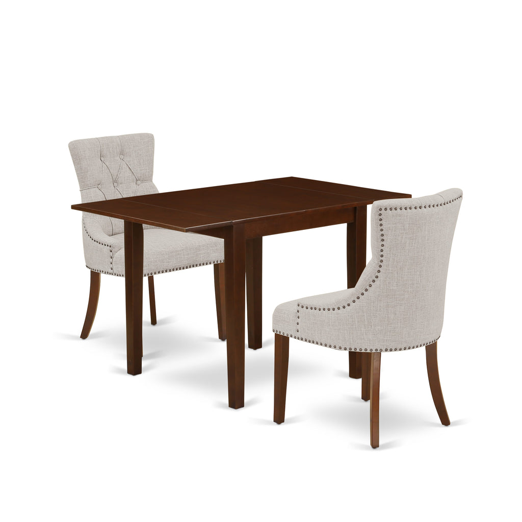 NDFR3-YX5-8J - Mahogany 3-Piece Dining Set with Drop-leaf Table and Linen Fabric Chairs