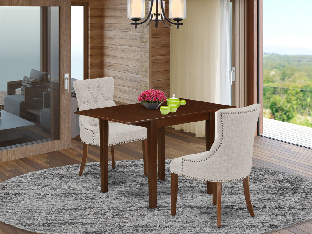 NDFR3-YX5-8J - Mahogany 3-Piece Dining Set with Drop-leaf Table and Linen Fabric Chairs
