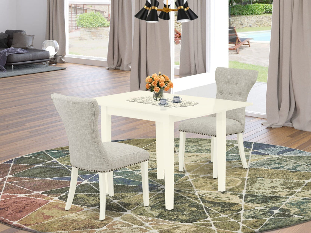 NDGA3-3QR-MP Stylish 3-Piece Compact Dining Ensemble with Rectangular Drop-leaf Table and Upholstered Chairs, 30x48, Light Linen