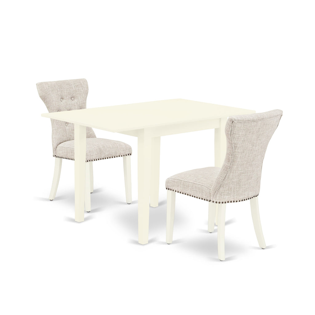 NDGA3-3QR-MP Stylish 3-Piece Compact Dining Ensemble with Rectangular Drop-leaf Table and Upholstered Chairs, 30x48, Light Linen