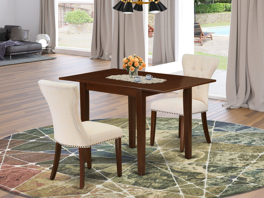NDGA3-RMV-SV 3 Piece Dining Set with Drop Leaf Table & 2 Linen Chairs, 30x48 Inches, Mahogany Finish