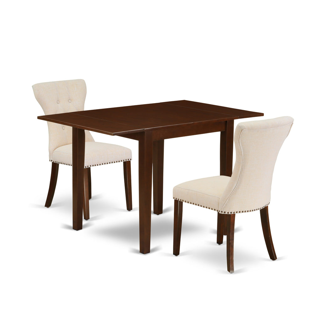 NDGA3-RMV-SV 3 Piece Dining Set with Drop Leaf Table & 2 Linen Chairs, 30x48 Inches, Mahogany Finish