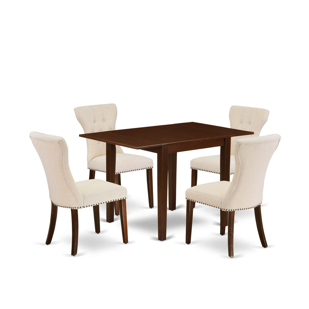 Enjoy a Stylish Dining Experience with the NDGA5-DMR-F8 5-Piece Set, Featuring a Dropleaf Rectangle Table & 4 Chic Beige Fabric Chairs - Versatile and Elegant