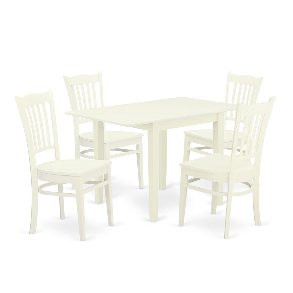 NDGR5-B4T-P 5-Piece Rectangle Dining Set with Dropleaf Table and Four Chairs, 30x48, Light White