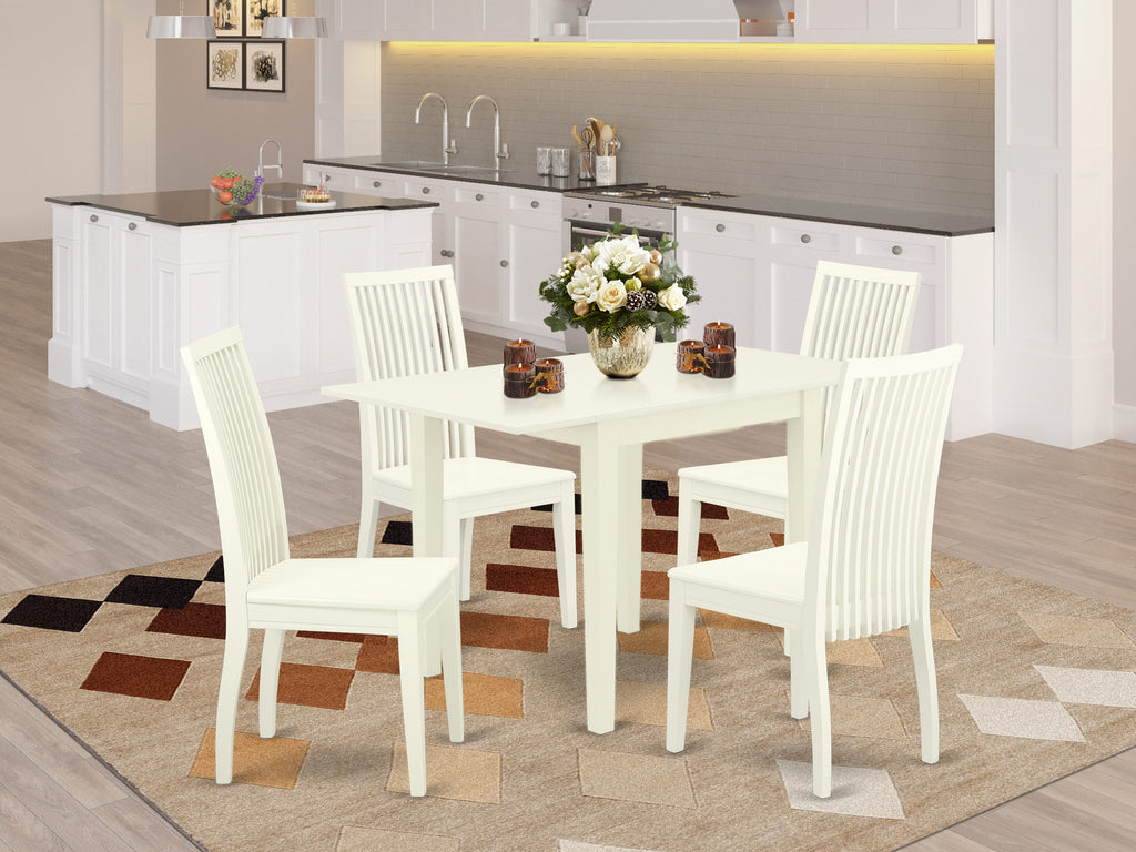 NDIP5-QN8-G Linen White Dining Set with Dropleaf Table & 4 Chairs, Rectangle 30x48 Inch, 5 Piece Room Ensemble