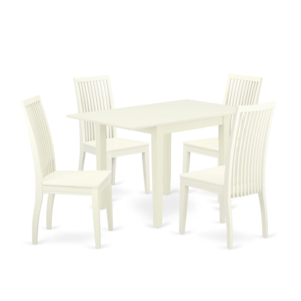 NDIP5-QN8-G Linen White Dining Set with Dropleaf Table & 4 Chairs, Rectangle 30x48 Inch, 5 Piece Room Ensemble