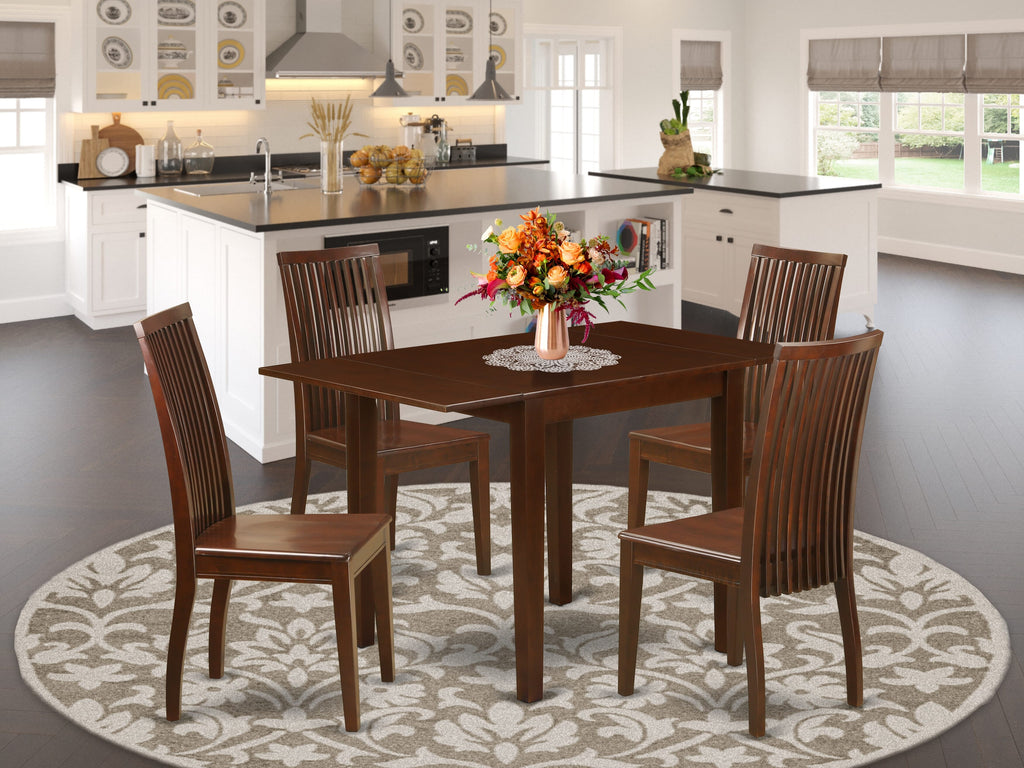 NDIP5-TX8-A 5 Piece Dining Set Rectangular Table with Dropleaf & Four Chairs, Mahogany Finish