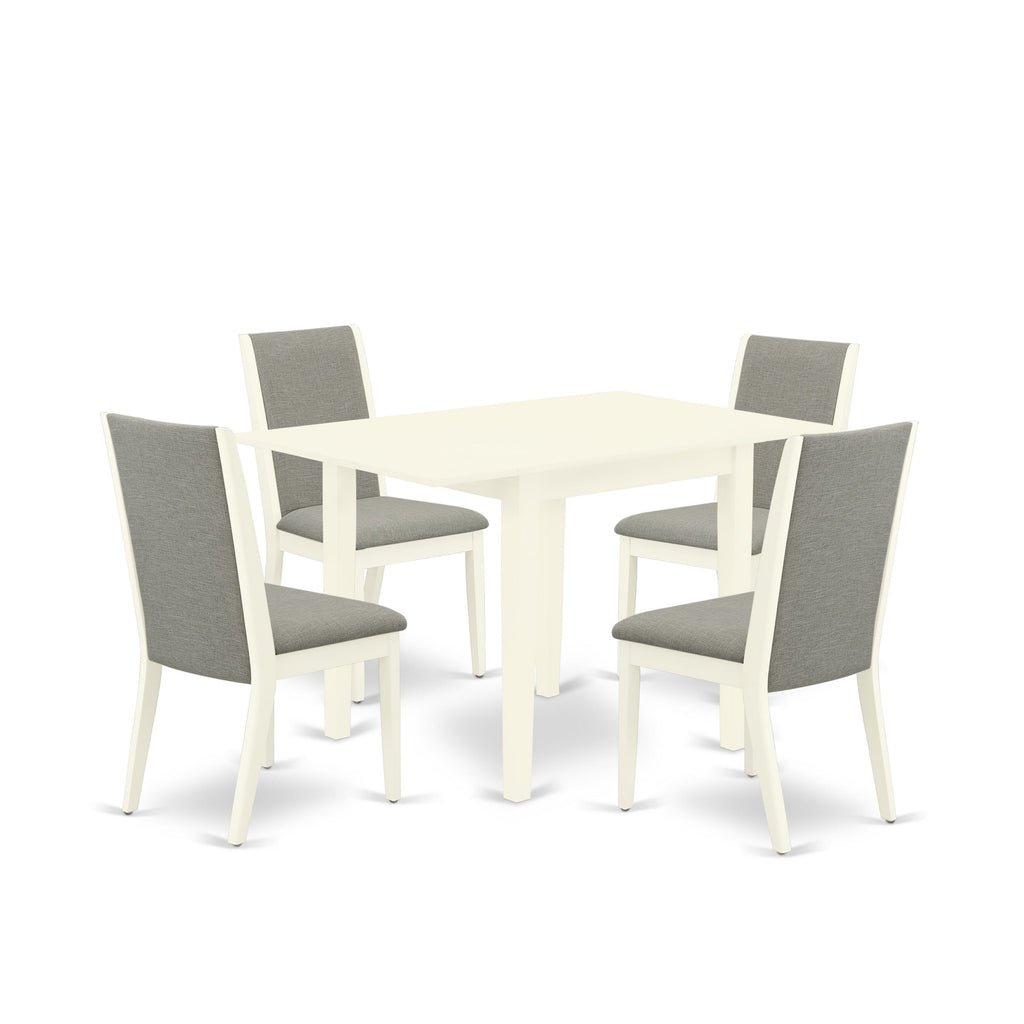 NDLA5-5O5-BN Compact Dining Ensemble Dropleaf Table & 4 Shitake Fabric Chairs, Linen White - For Elegant Seating Solutions