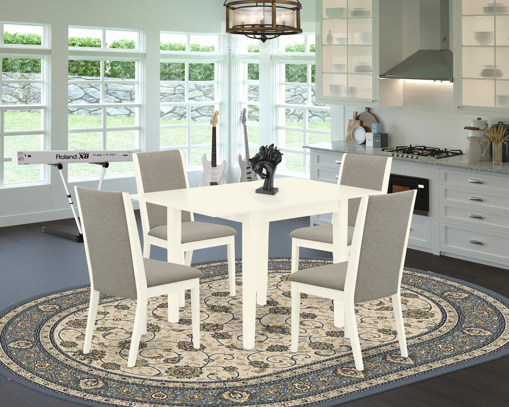 NDLA5-5O5-BN Compact Dining Ensemble Dropleaf Table & 4 Shitake Fabric Chairs, Linen White - For Elegant Seating Solutions