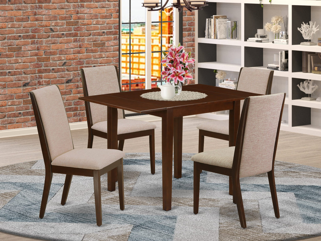 NDLA5-UYM-L9 5-Piece Contemporary Dining Ensemble with Rectangular Folding Table and 4 Beige Parsons Chairs, 30x48 in, Rich Mahogany Finish